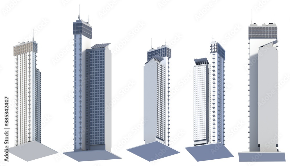 Set of 5 renders of fictional design abstract houses block of flat towers with sky reflection - isolated on white, bottom view 3d illustration of architecture