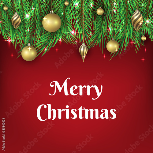 Christmas background design with golden ball ornaments on tree branches