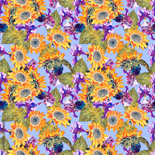 Sunflowers with irisflowers seamless pattern. Watercolor illustration, handpainted art. photo