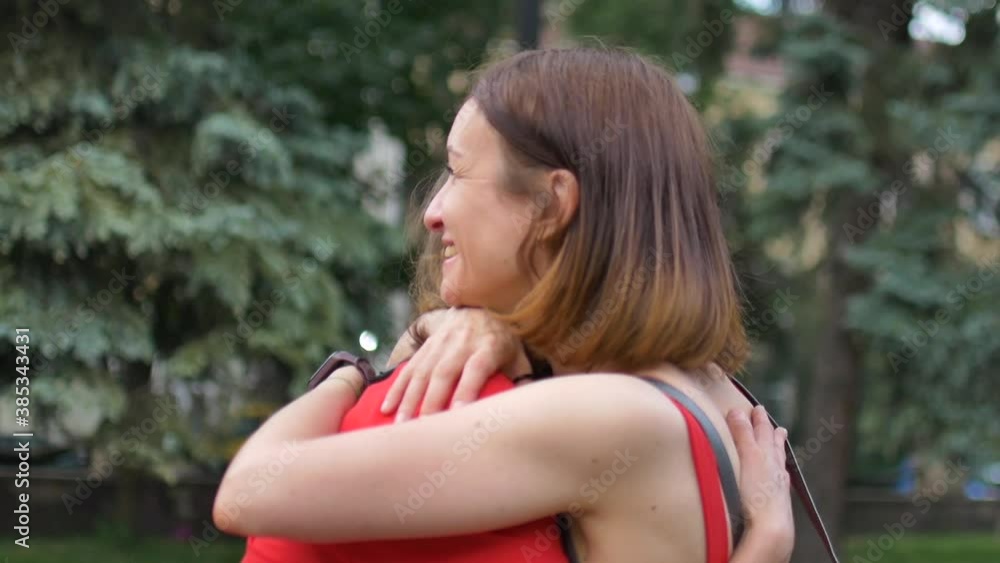 Happy meeting of two female friends hugging and smiling at the street on trees background, friendship concept Happy meeting of two female friends hugging and smiling at the street on trees background, friendship concept