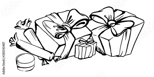 vector drawing of three boxes with ribbon and two sweets