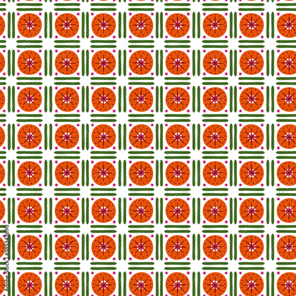 Pattern for dymkovskaya toy number sixteen: orange, maroon, white, yellow, purple circles and black dots. The whole ornament simulates brush strokes, hence the uneven texture
Pattern for dymkovskaya toy number sixteen: orange, maroon, white, yellow, purple circles and black dots. The whole ornament simulates brush strokes, hence the uneven texture