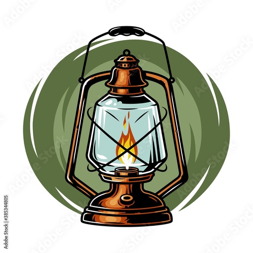 Colored vector object or illustration of kerosene retro camping lamp, lantern for traveller. Outdoor adventure equipment. Sport activity