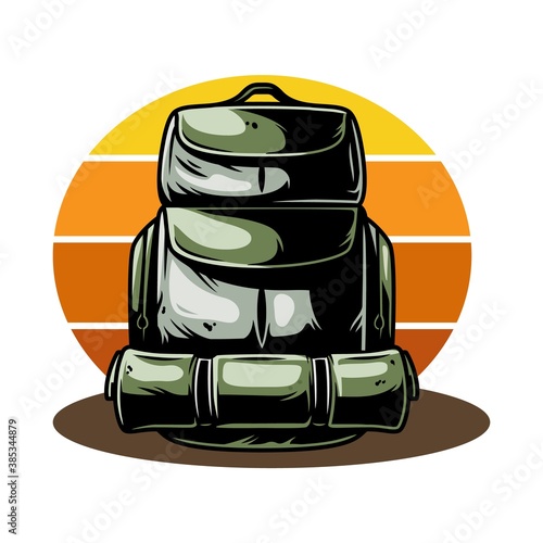 Monochrome silhouette of a backpack for camping and travel. Colored vector Illustration bag for traveler and tourist. Outdoor adventure equipment. Sport activity