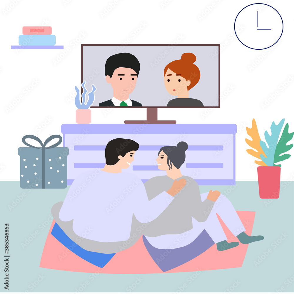 The couple together at home in the evening watching TV, vector graphics