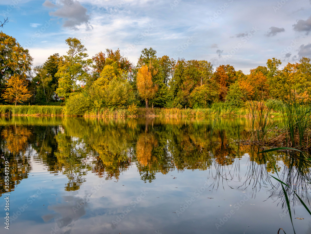 Colorful autumn trees on the banks lake.