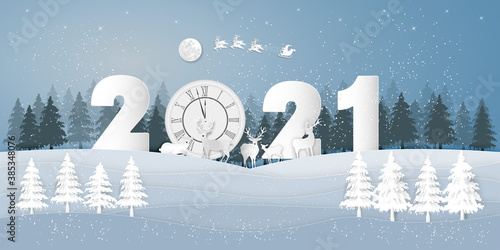 Paper art, cut and digital craft style of Santa Claus and Reindeers in forest in the snow wintry season with trees as Merry Christmas and Happy New Year 2021 concept. vector illustration