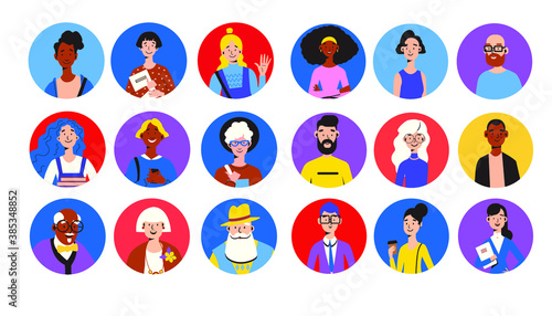 Big collection of avatars of young and elderly men and women. Bright people portraits set. Flat color trends vector illustration. 
