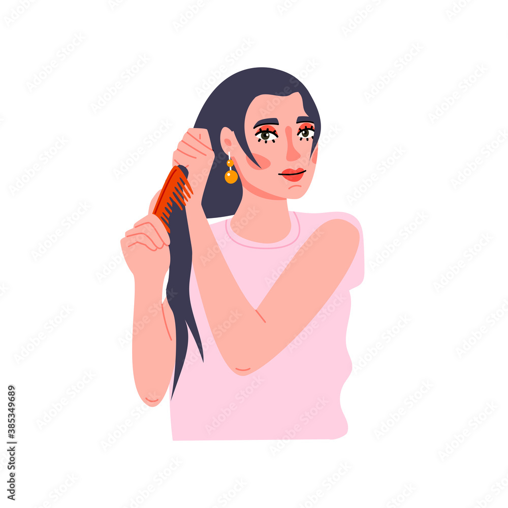 Combing hair woman isolated element in trendy style on white background. Girl does her hair. Selfcare illustration. Combing hair woman isolated element in trendy style on white background. Girl does her hair. Selfcare illustration.