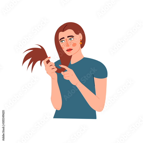 Sad girl with split ends problem cartoon vector illustration. Lack of vitamins, improper hair care.
