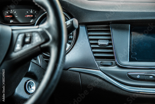 Car interior. Dashboard. Radio in the car. 