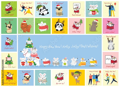 Fototapeta Naklejka Na Ścianę i Meble -  Vector illustration of christmas cats, pigs, rats and dogs with Christmas and new year greetings.