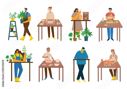 Stay and work at home. People staying at home doing different activity: cooking, gardening reading at home.