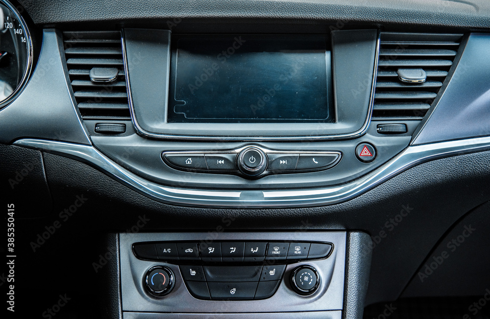 Car interior. Dashboard. Radio in the car. 