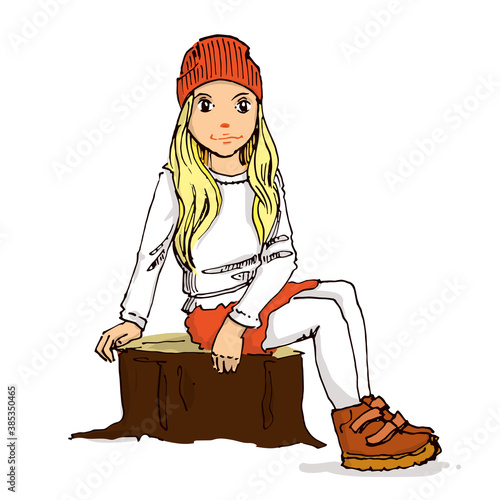 Schoolgirl is sitting and posing. Hand drawn vector illustration.