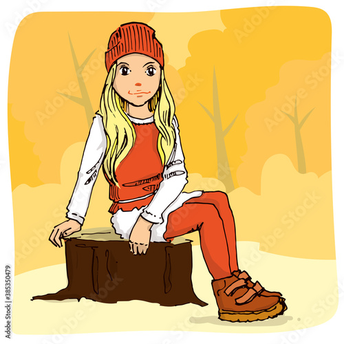 Schoolgirl is sitting and posing. Hand drawn vector illustration.