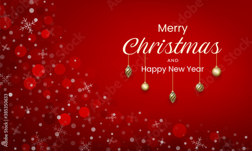 Merry Christmas and New Year design with gold ornaments, red colors and snow effects