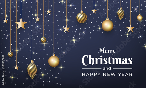 Merry Christmas and New Year background design with glitter gold ornaments