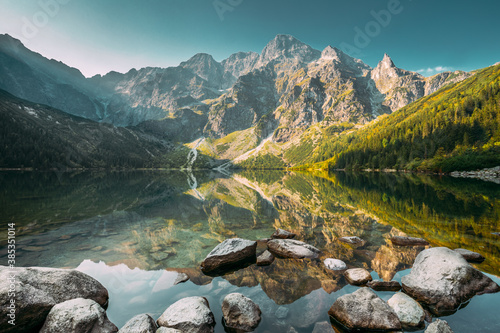 Tatra National Park, Poland. Small Mountains Lake Zabie Oko Or Ma e Morskie Oko In Summer Morning. Five Lakes Valley. Beautiful Scenic View. European Nature