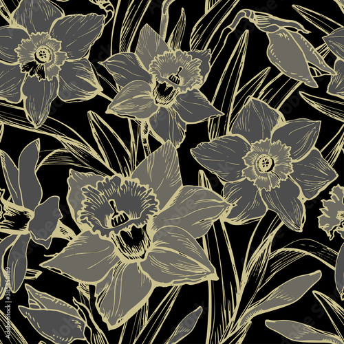 Monochrome botanical seamless pattern with hand drawn contour and silhouettes of leafs and flowers Daffodil. Botanical manual graphic for textile floristic design fabric, package.