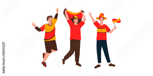 Happy fans are cheering and supports for their team. Vector illustration in cartoon style