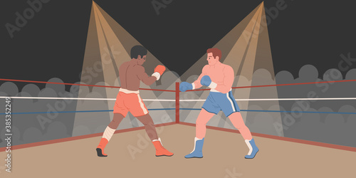 Boxers are fighting in boxing ring vector background. Black and white men fight