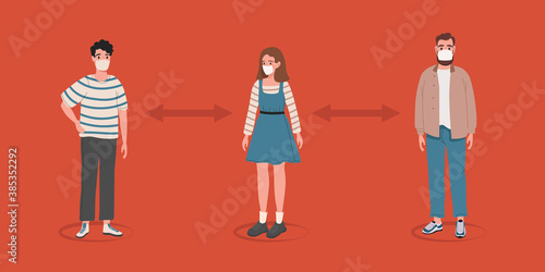 Social Distancing, People keeping distance for infection risk and disease, in protective Medical mask