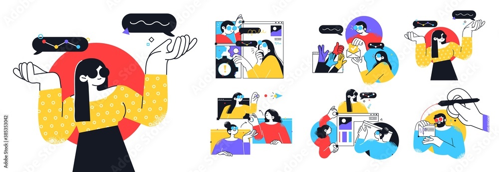 Business Concept illustrations. Collection of scenes with men and women taking part in business activities. Trendy vector style. Business Concept illustrations. Collection of scenes with men and women taking part in business activities. Trendy vector style.