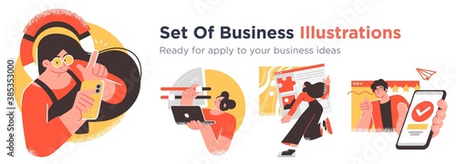 Business Concept illustrations. Collection of scenes with men and women taking part in business activities. Trendy vector style.