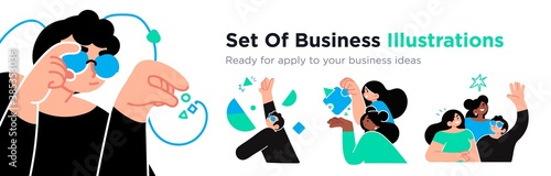 Business Concept illustrations. Collection of scenes with men and women taking part in business activities. Trendy vector style.