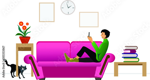 Young man sitting on sofa and use smartphone in an apartment with a cat and chatting with mobile phone. Vector design concept - character stay at home due to quarantine, communicates via the internet.