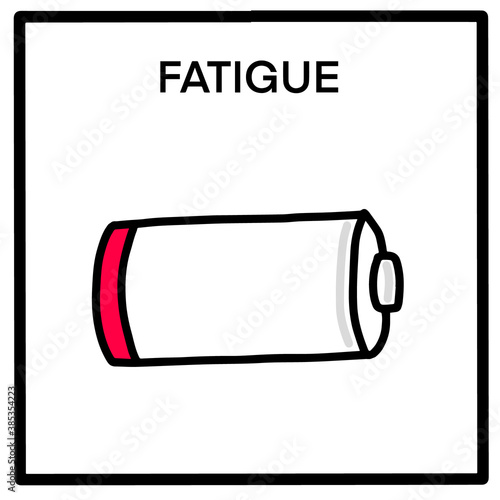 Fatigue hand drawn vector illustration in cartoon comic style battery with low energy power