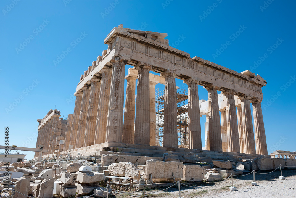 The Acropolis of Athens, Greece, August 2020: Tourist season on the Acropolis during the Coronavirus pandemic