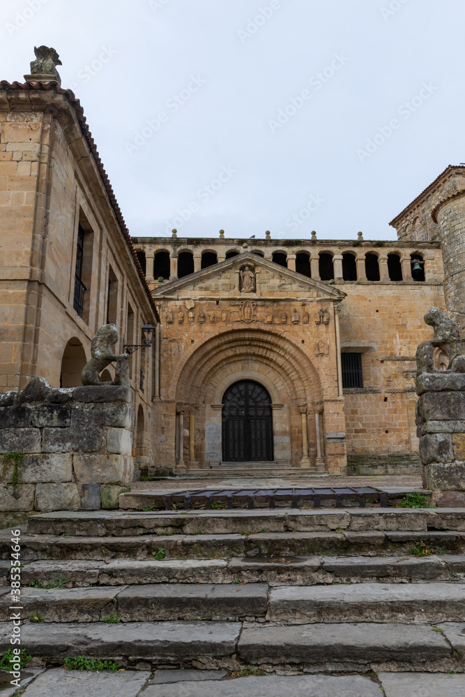 Vertical view of the access stairs to the 12th century Collegiate Church, in Santillana del Mar, Spain, October 1, 2020