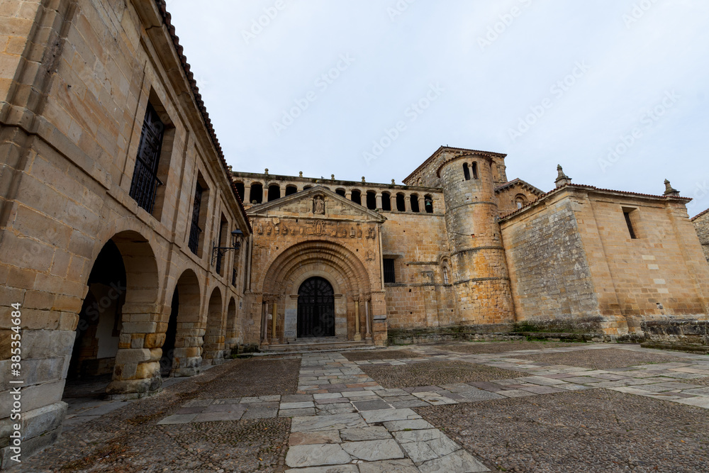 Angular horizontal view of the 12th century Collegiate Church, in Santillana del Mar, Spain, October 1, 2020