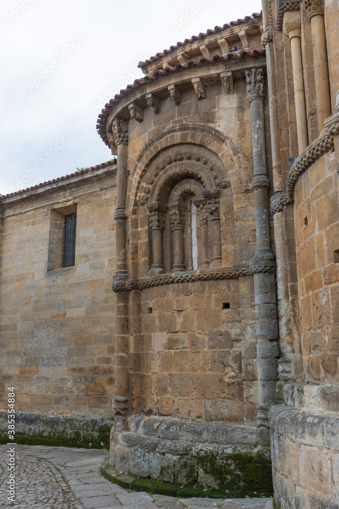 Vertical detail of the rear of the 12th century Collegiate Church, in Santillana del Mar, Spain, October 1, 2020