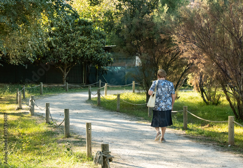 Familias y gente pasando por un camino en un bonito parque.