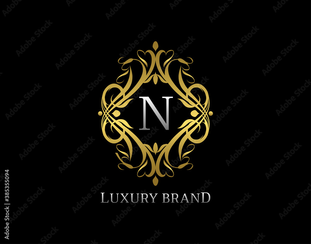 Luxury Gold Monogram N Letter Logo. Classic Golden badge design for Royalty, Letter Stamp, Boutique,  Hotel, Heraldic, Jewelry, Wedding.