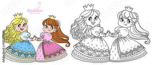 Two cute princesses dancing holding hands outlined and color for coloring book