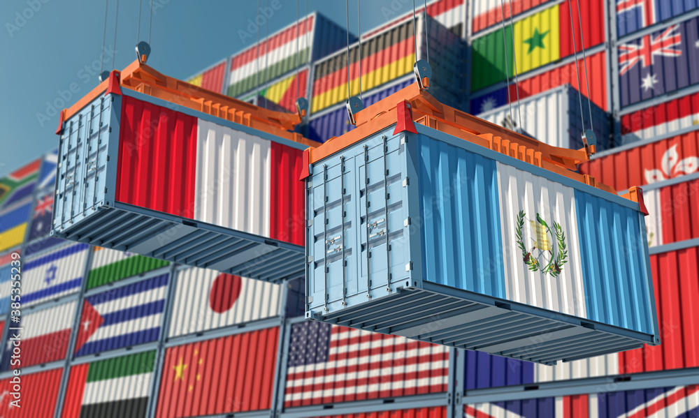 Freight containers with Guatemala and Peru national flags. 3D Rendering