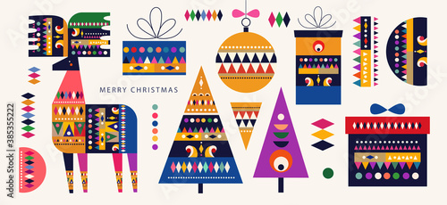 Christmas pattern in Scandinavian folk style with Christmas deer, Christmas trees, and gift boxes