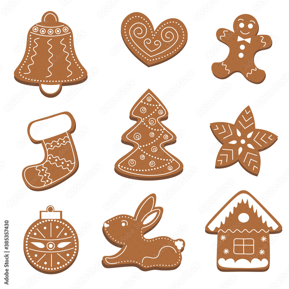 Christmas gingerbread set: bell, heart, man, sock, tree, star, new year's ball, bunny, house. Isolated on white background. Vector illustration. Collection of holiday symbols, icons. Christmas gingerbread set: bell, heart, man, sock, tree, star, new year's ball, bunny, house. Isolated on white background. Vector illustration. Collection of holiday symbols, icons.