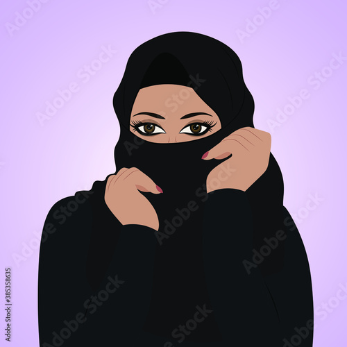 arabic muslim woman in niqab and hijab and traditional abaya islamic culture  vector illustration beautiful fashion eyes make up from united arab emirates or saudi arabia
