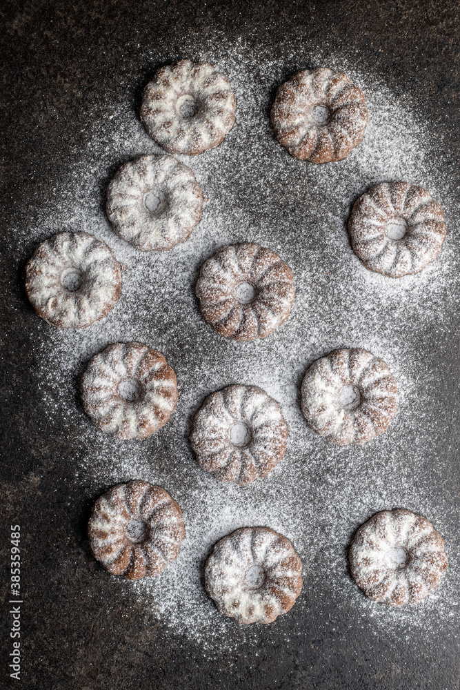 Sweet rings cookies. Biscuits with cocoa flavor sprinkled with sugar.