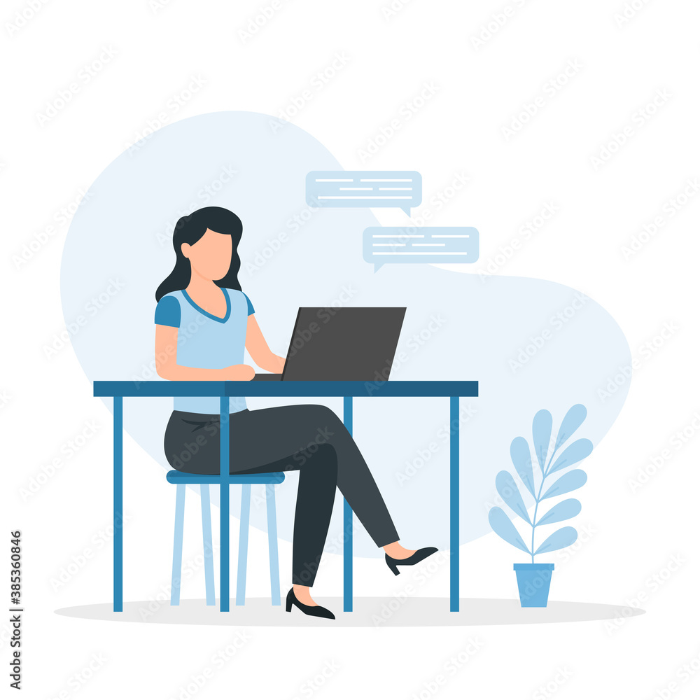 Young woman sitting at a desk with a laptop. Working from home, student or freelancer. Young woman sitting at a desk with a laptop. Working from home, student or freelancer.