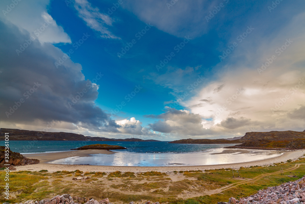 Sea bay at low tide. Far North, Barents Sea in Russia.