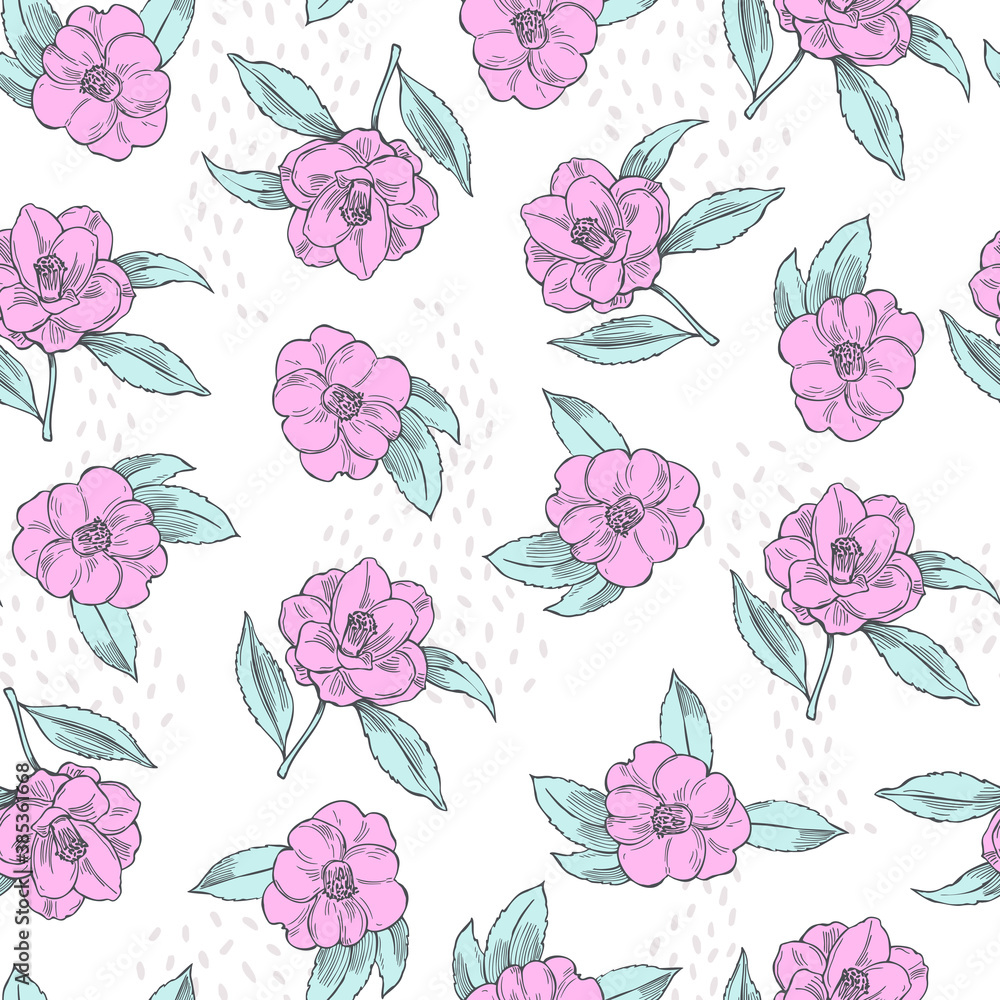 Camellia flowers. Vector  seamless pattern.