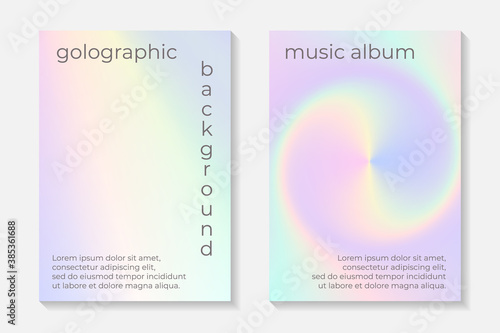 Modern abstract card templates for flyer or poster with holographic or rainbow background.