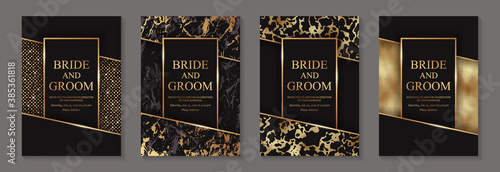 Modern abstract luxury background design or card template for birthday greeting or wedding invitation or poster with golden textures and glitter on a black background.