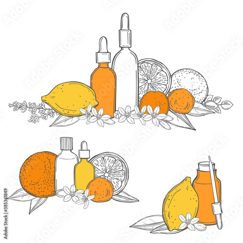 Essential oils. Vector sketch illustration.